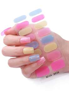 20片春夏马卡龙撞色半固化凝胶美甲贴，活力俏皮风格自粘凝胶美甲全贴，易于美甲，不易脱落，适合女性居家DIY美甲用品 - 彩色 - 查看 4