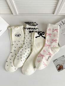 4 Pairs Soft Ballet-Inspired Bow Decor Crew Socks, Simple & Versatile For Women, Student Style Valentine's Day - Multicolor - View 6