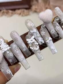 Snowflake Embossed Nail Art Mold, Delicate Snowflake Chain Star 3D Nail Art Decor Transparent Silicone Mold For Winter - Clear - View 5