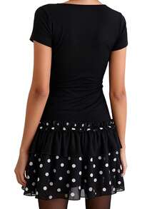 Women Dot Print Summer Dress Slim Deep V Neck Short Sleeve A-Line Mini Layered Ruffle Dresses - Black - View 4