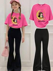 This Casual Set Is Designed For Young Girl And Features A Unique Crescent Moon Print. The Set Includes A Fuchsia Short-Sleeved Crew Neck T-Shirt And Mid-Rise Flared Trousers, Perfect For Summer Wear - Hot Pink - View 1