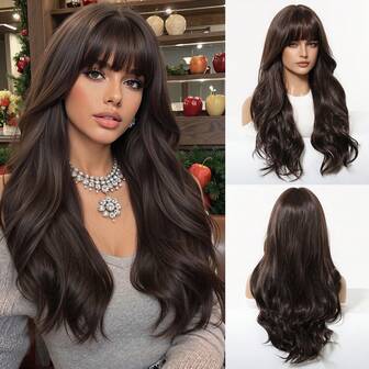 Peluca larga y rizada de 24 pulgadas de color marrón, peluca sintética natural resistente al calor para mujer, adecuada para uso diario, fiestas y cosplay