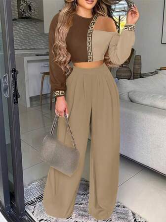 Casual Style Slim Stitching Printing Long-Sleeved Round Neck T-Shirt Shirt Woven Straight Trousers Ladies Summer Clothing Two Pieces Suit