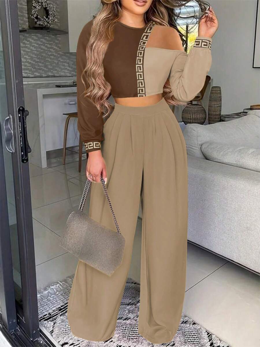 Casual Style Slim Stitching Printing Long-Sleeved Round Neck T-Shirt Shirt Woven Straight Trousers Ladies Summer Clothing Two Pieces Suit