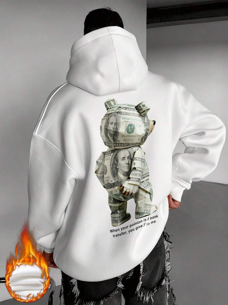 Zrgoth 男士休闲连帽衫，全新秋冬设计，融入熊和美元元素，宽松袋鼠口袋抓绒卫衣，引领时尚潮流 - 白色 - 查看 1