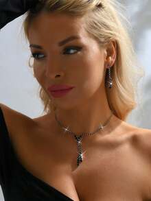 3pcs Elegant Bridal Cubic Zirconia Teardrop Tassel Necklace And Earrings Jewelry Set - Black - View 5