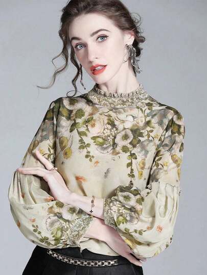 2026 Spring/Autumn New French Palace Style Floral Print Lace Patchwork Ruffle Trim Lantern Sleeve Women Blouse