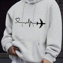 Men's Outdoor Sweatshirt, New Autumn-Winter 2026 Collection, Women's Fashion Black Hoodie With Heart, Pulse Line And Airplane Print For Daily Use, Travel And Casual Occasions, Spring Autumn, Comfortable Everyday Wear, Fashionable And For Outdoor Activities - 灰色 - 查看 1