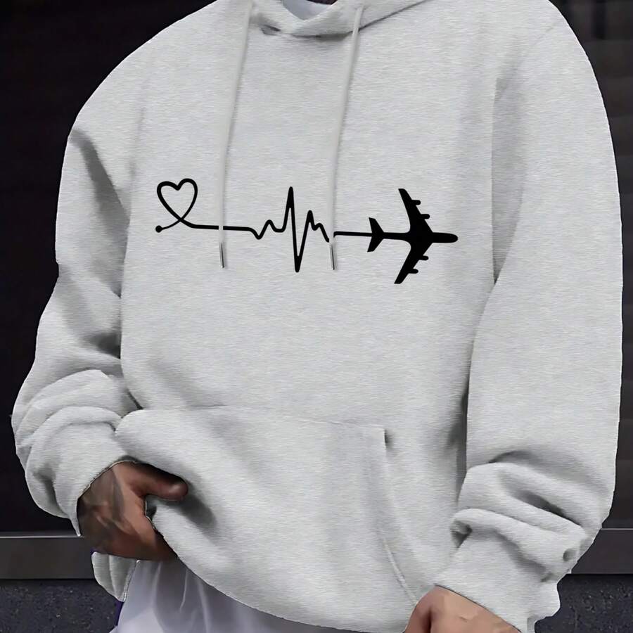 Men's Outdoor Sweatshirt, New Autumn-Winter 2026 Collection, Women's Fashion Black Hoodie With Heart, Pulse Line And Airplane Print For Daily Use, Travel And Casual Occasions, Spring Autumn, Comfortable Everyday Wear, Fashionable And For Outdoor Activities - 灰色 - 查看 1