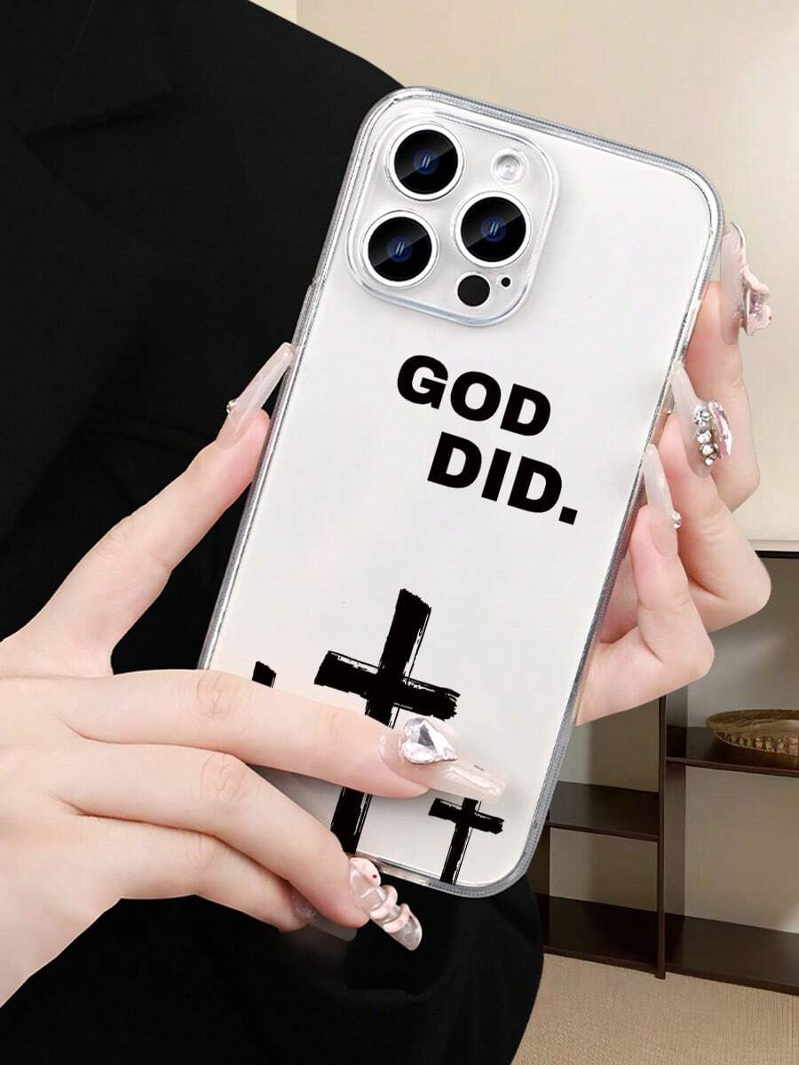Funda de Silicona TPU para iPhone (X/XS/11/12/13/14/15/16/17) y , Estilo Religioso con Cruz y Letras "GOD DID", Protectora Ligera, Diseño Moda para Mujer/Hombre, Ideal para Uso Di - transparente - Ver 1