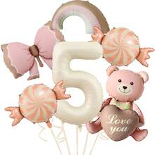 1 Set de decoraciones con globos de aluminio con diseños de oso de peluche, corazón, caramelo, moño y arcoíris para fiesta de cumpleaños, decoración del hogar - Multicolor - Ver 8
