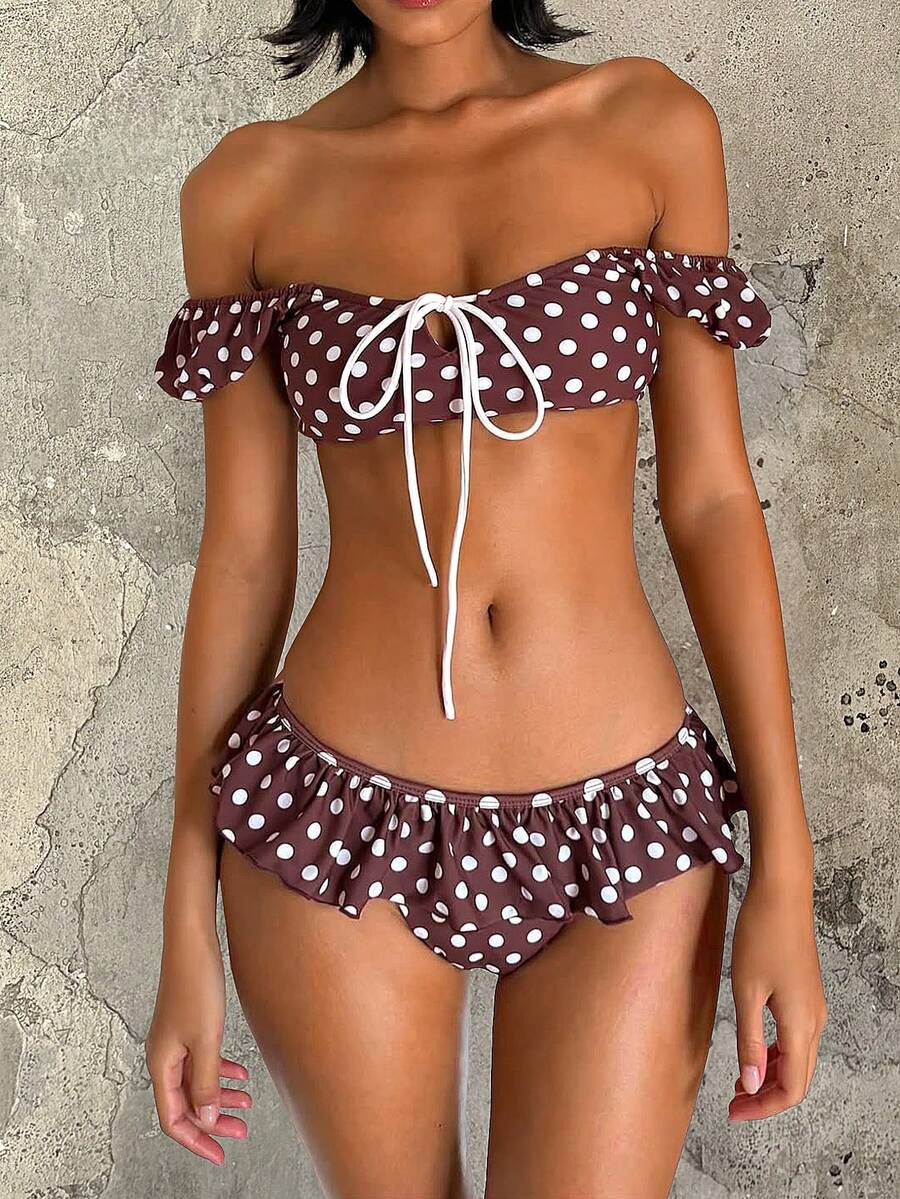 Colorblock All-Over Print Cute Backless Tie-Knot Ruffle/Ruffle Hem Beach Vacation Summer - Brown - View 1