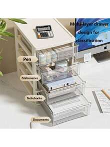 透明桌面收纳盒，带抽屉和小型塑料搭扣盒，桌面增高整理架，办公塑料收纳柜，适用于文具、学生书桌配件、化妆品、返校必备品 - 彩色 - 查看 4
