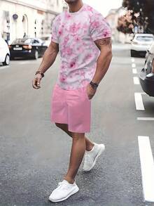 2pcs Men'S Pink Floral Set - Comfortable Short - Sleeve & Shorts, 3D Printed, Machine - Washable, Quick - Dry For Summer Leisure, Casual Style, Regular Fit, With Drawstring - Mixed Colors - View 1