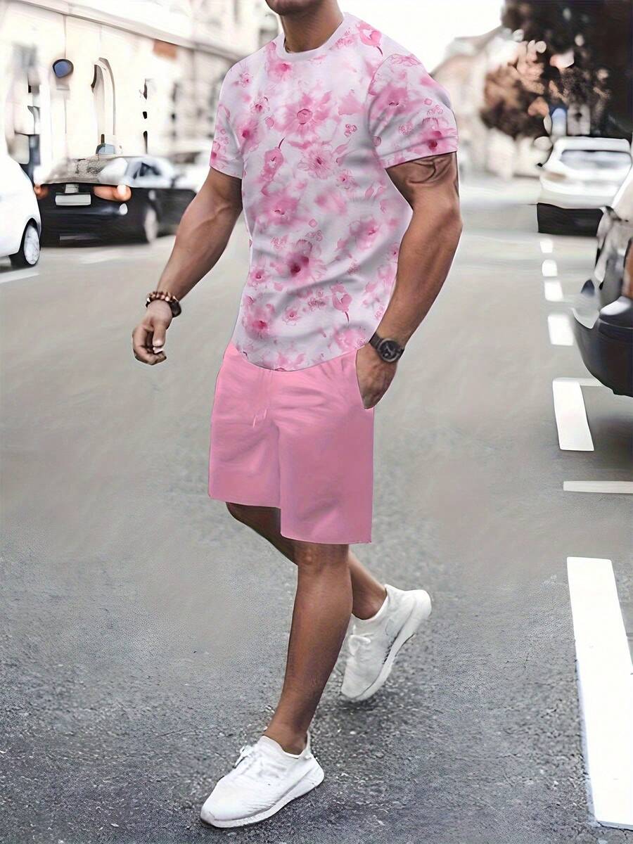 2pcs Men'S Pink Floral Set - Comfortable Short - Sleeve & Shorts, 3D Printed, Machine - Washable, Quick - Dry For Summer Leisure, Casual Style, Regular Fit, With Drawstring - Mixed Colors - View 1