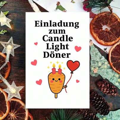 1张烛光烤肉邀请函，附信封，可爱烤肉图案，配以心形气球和蜡烛，是浪漫情人节晚餐邀请的完美之选，也适合朋友、同事、伴侣、情侣以及情人节庆祝活动。