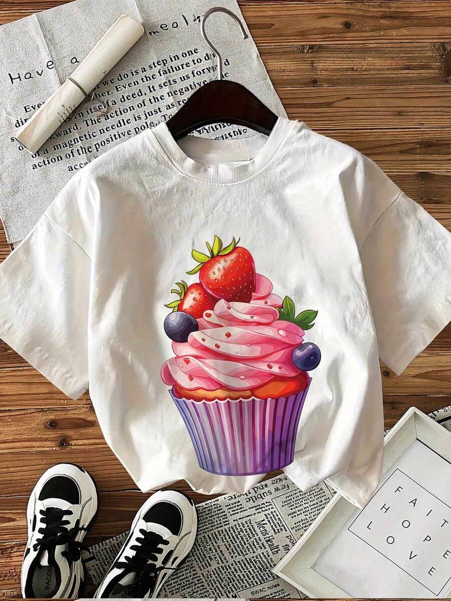 1 camiseta con estampado digital divertido Fresa, arándano, magdalena, crema rosa 180g, serie clásica, camiseta de manga corta para mujer, 100% algodón, cuello redondo retro casual - Blanco - Ver 1