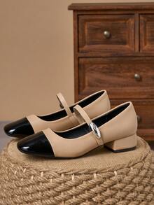 Tacones de plataforma de estilo Mary Jane de dos tonos de piel sintética color caqui - Caqui - Ver 3