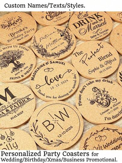 Personalized Party Coasters, Suitable For Wedding/Birthday/Christmas/Business Promotion - Customized Valentine's Day Coasters, Customized Wedding Place Cards, Personalized Cork Coasters