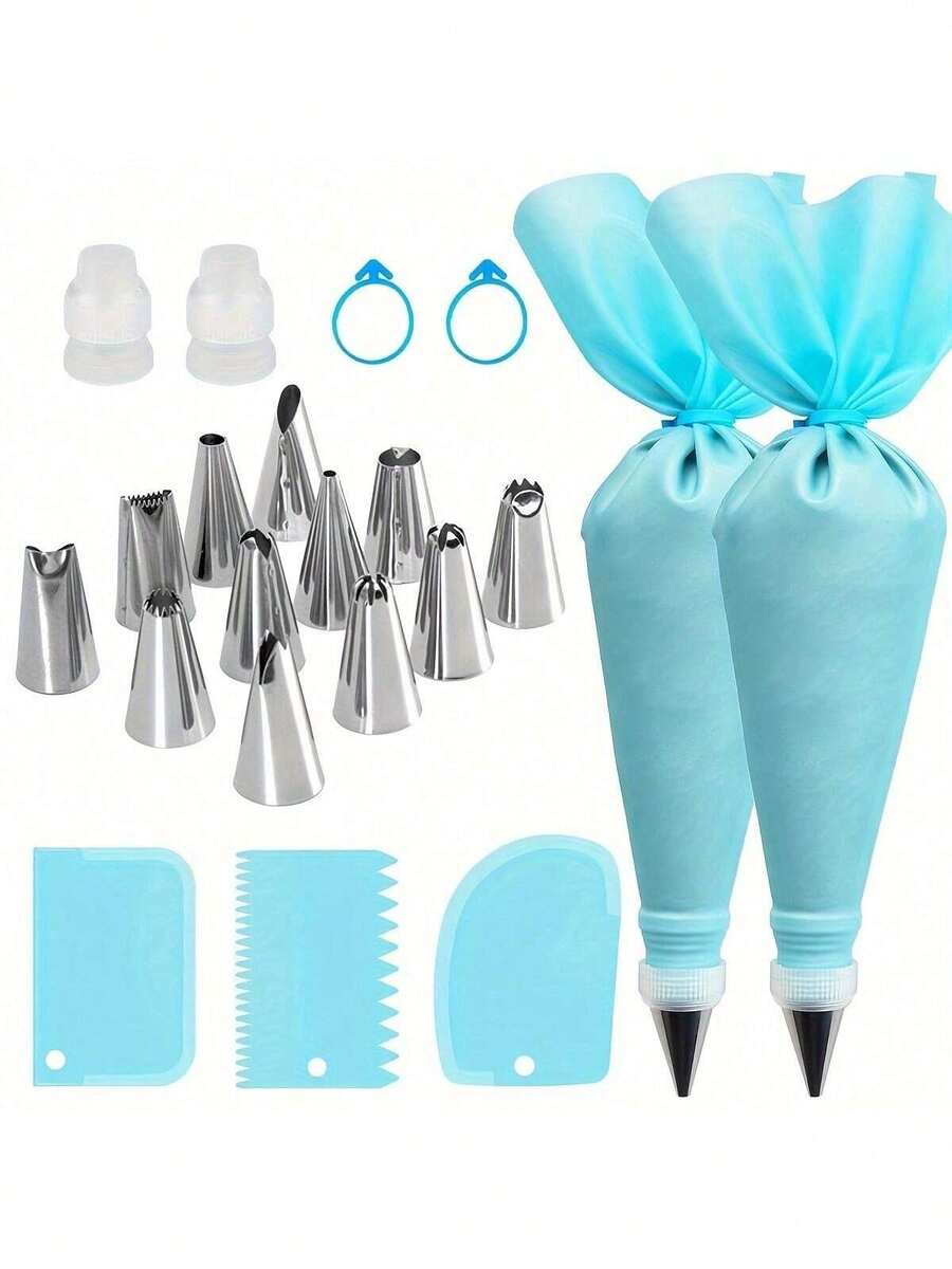 21 piezas Juego de herramientas de decoración de pasteles de acero inoxidable - Boquillas de tubería de glaseado, bolsas de pastelería, acopladores y espátula de glaseado - Herramientas de hornear multiusos adecuadas para Navidad, Halloween, Acción de Gracias, Regreso a la escuela - Multicolor - Ver 1
