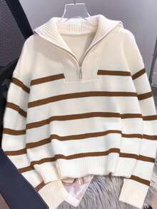 Women's Striped Casual Zip-Up Loose Knit Sweater With Turndown Collar, Long Sleeve - Khaki - View 4
