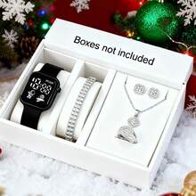 5pcs/Set Astronaut & Spaceship Pattern LED Digital Watch With Square Silver Rhinestone Jewelry Suit, Suitable For Women, Men, Teens, Students, Couples, Fashion, Daily Wear, Outdoor, School, Party, Christmas And Other Occasions