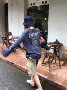 Women's Petite Hamburger & English Letter Print Long Sleeve T-Shirt, Round Neck, Versatile, Autumn/Winterlatest Fashion - 藏蓝色 - 查看 3