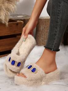 Women's Slip-On House Slippers With Blue Gem Decor, Thick Plush Lining, Elegant Wedge Heel, Suitable For Indoor And Outdoor Wear, Autumn/Winter - Beige - View 2