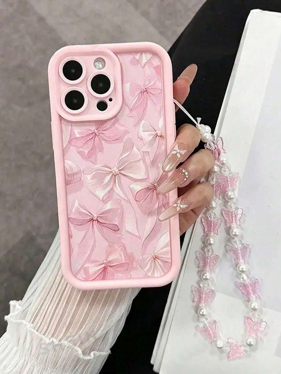 1pc Fashion Full-Screen Pink Bow Design Shockproof TPU Painted Phone Case + Beaded Butterfly Bracelet, Compatible With Apple Xs/Xsmax/Xr/11/12/13/14/14plus/15/15plus/16Pro/16Promax, S25Ultra - Pink - View 1
