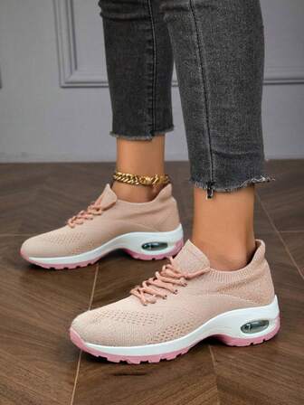 Women's Light Gray Lace-Up Air Cushion Slip-On Sneakers, Breathable Knit Casual Sock Shoes, Lightweight And Comfortable For Dancing