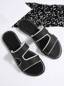 Teens' Fashion Flat Slippers, Glitter Soft Bottom Comfortable Casual Slides - Black - View 2