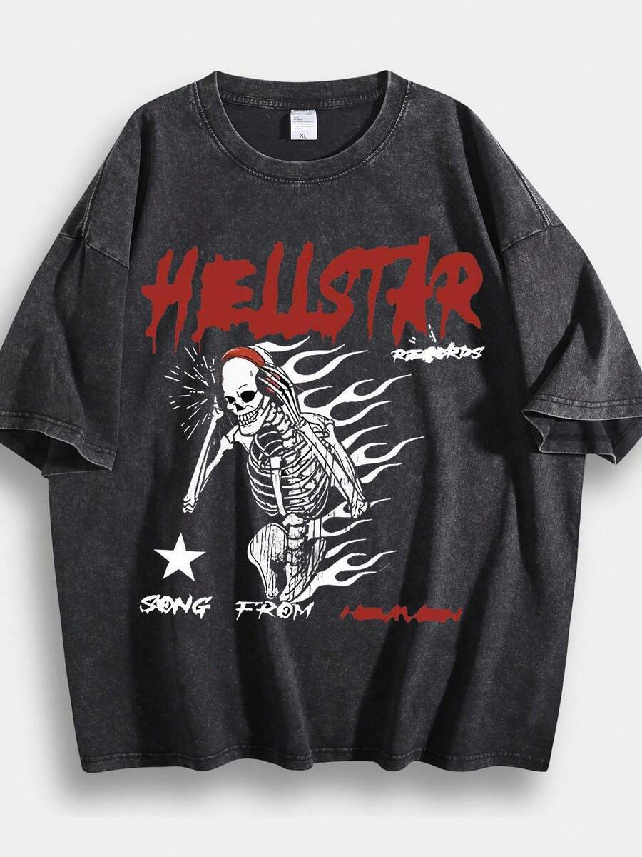 Washed T-Shirt Men'S Retro  Skeleton Graphic Tee, Bold Red Dripping  Text With Punk Rock Vibe And White Flame-Skull Design On Vibrant Pink Background, Vintage 90S Metal Aesthetic With Star & Song From Heaven Tagline, Nostalgic Short - màu đen - Xem 1