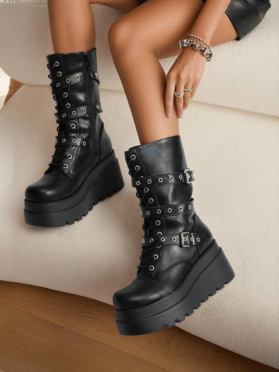 DREAM PAIRS Women's Platform Mid-Calf Boots Cyberpunk Combat Style Multiple Buckle Straps Round Toe Side Zipper Anti-Slip Thick Heel Outdoor Halloween Chunky Heel Music  Festival Party Black Boots - 黑色/PU - 查看 1