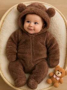 H HIBOBI Plush Warm 3D Bear Ear Hooded Jumpsuit With Hand And Foot Cover, Gender Neutral, Winter (Detachable Hood Liner)