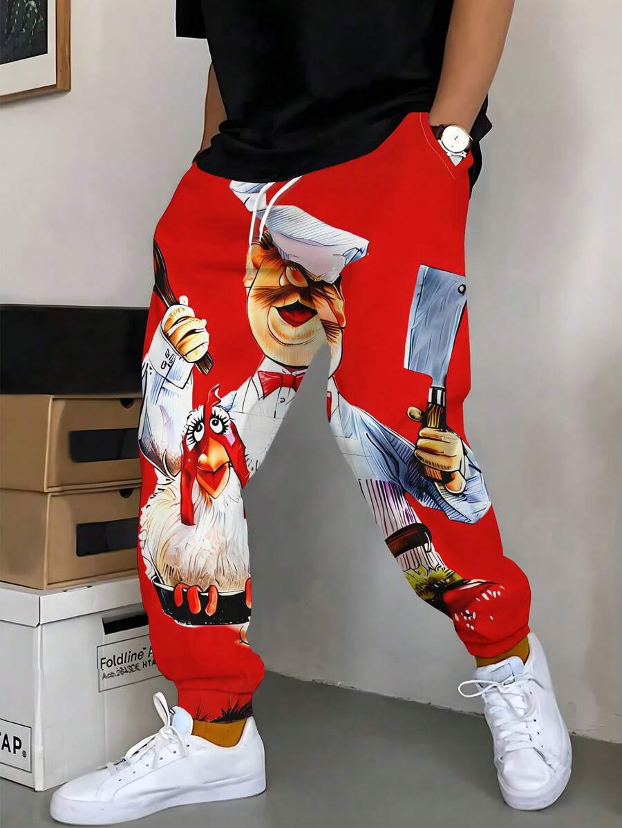 Men'S Funny Chef Print Jogger Pants With Chef & Chicken Design - Elastic Waistband & Drawstring, Casual Stretchy Polyester Gym Pants For Cooking, Outdoor, Comfortable Fit, Playful Design, Outdoor Activities, Parties - With Text, Men Sports Pants - Nhiều màu - Xem 1
