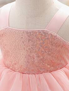 Baby Girls Sleeveless Sequin Bow Tulle Cute Flower Girl Wedding Party Princess Dress, Suitable For Birthday Party, Vacation, Excludes Headband