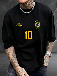 Men'S Brazil National Team 10 Jersey T-Shirt - Official Brazil Soccer Team Design With Brazil Flag Colors (Green & Yellow), Breathable Moisture-Wicking Fabric For Training & Matches, Casual Short Sleeve Tee, Number 10 Print, Durable Sportswear - 黑色 - 查看 2