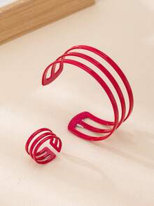 1 Set Fashionable Personalized Hollow Metal Line Pattern Bracelet And Ring Jewelry Set, Gift For Her - Hot Pink - View 5