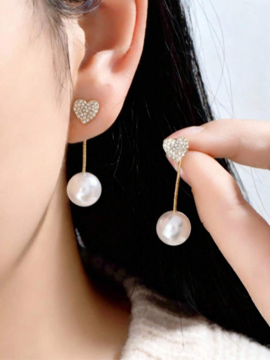 1对简约优雅甜美水钻心形耳钉，配珍珠吊坠，前后皆可佩戴，适合情人节送给女朋友的礼物 - 鑲嵌水鑽愛心耳飾 - 查看 1