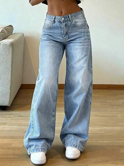 Jeans rectos holgados y apilados de estilo vintage para mujer, casuales para primavera