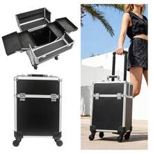 Multi-Tier Aluminum Makeup Trolley – Portable Rolling Cosmetic Organizer With Lockable Design, Detachable Beauty Box - Black - View 3