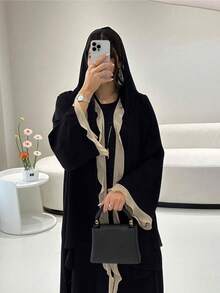 High-End Fashion Turkish Modest Ruffle Trim Women Dress Abaya Cardigan, Kaftan - Black - View 6