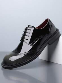 1 Pair Men's Round Toe Low-Top PU Leather Upper Rubber Sole Comfortable Lace-Up Brogue Shoes, Suitable For Office And Casual Wear - Grey - View 7