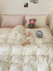 2/3件套蝴蝶印花、蝴蝶结、条纹图案床上用品套装，柔软可爱，适合学生宿舍装饰，男女皆宜，春夏必备，包含被套和枕套，提供单人床、双人床、大号床尺寸。