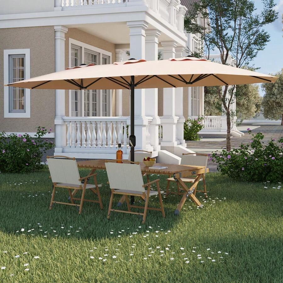 13 FT Large Patio Umbrella Outdoor Double-Sided Rectangle Market Umbrella With Crank Handle And Tilt Adjustment Waterproof Polyester Canopy For Garden, Pool, Beach, Backyard - 米色 - 查看 1