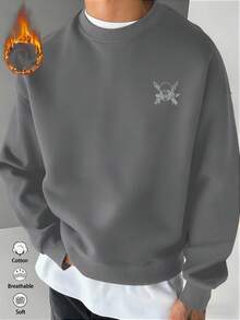 1pc Men's Black Pullover Pullover Sweatshirt, Unisex Couple Matching, Thermal Lined, Round Neck Sweatshirt, Casual Commuting Back To School Wear, Funny Anime Skeleton Print Design, Suitable For Anime Fans, Popular Style - Grey - View 2