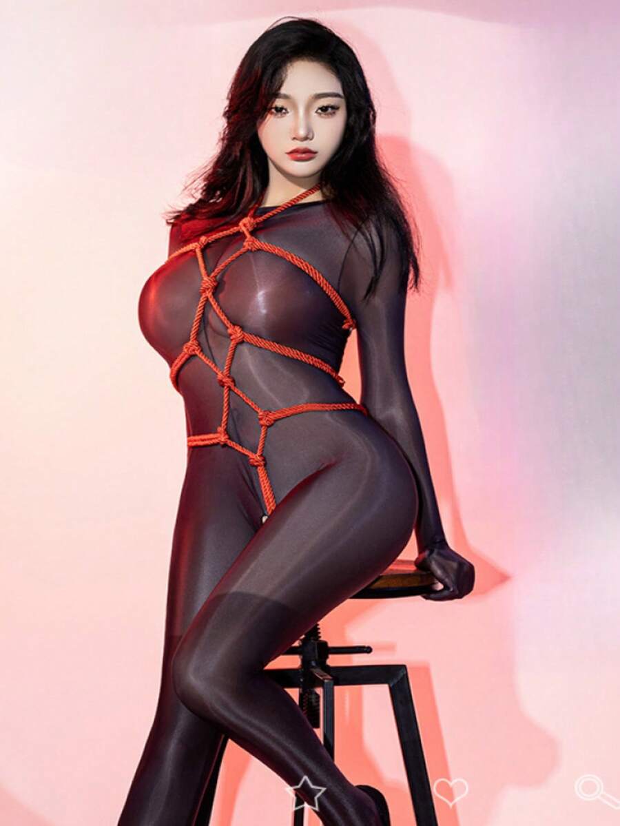 A Sexy Red Bodysuit With Rope Embellishments; A Seductive Rope Outfit; Valentine's Day; Women's Valentine's Day Attire; Intimate Evening Moments; A Heart-Fluttering Moment. Wedding Gifts, Boudoir Gifts, Honeymoon Gifts, Vacation Gifts, Bikinis, Swimwear, Swimming Pool Gifts, Beach Gifts, Park Gifts, Nightclub Gifts, Private Parties, Private Cinema Gifts, Home Gifts, Everyday Gifts, Stage Gifts, Performance Gifts, Proposal Surprise Gifts, Wedding Gifts, Valentine's Day Gifts, All Seasons, Seduction, Bars, Casual Bars, Wedding Favors. - 紅色 - 查看 1