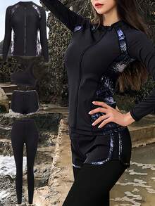 四件套女士异域风情印花拉链长袖泳衣套装，包括沙滩冲浪裤、运动文胸和速干短裤，复古运动泳装套装，黑色夏季款 - 黑色 - 查看 6