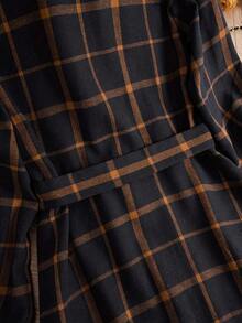 Vestido longo xadrez de manga comprida para mulheres de estatura baixa, com botões e cinto, ideal para uso casual no dia a dia. - Azul marinho - Ver 5