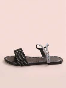 Versatile Minimalist Flat Open Toe Sandals With Delicate Rhinestone Design, Vintage Style Suitable For Dates, Commuting, Travel - Black - View 3
